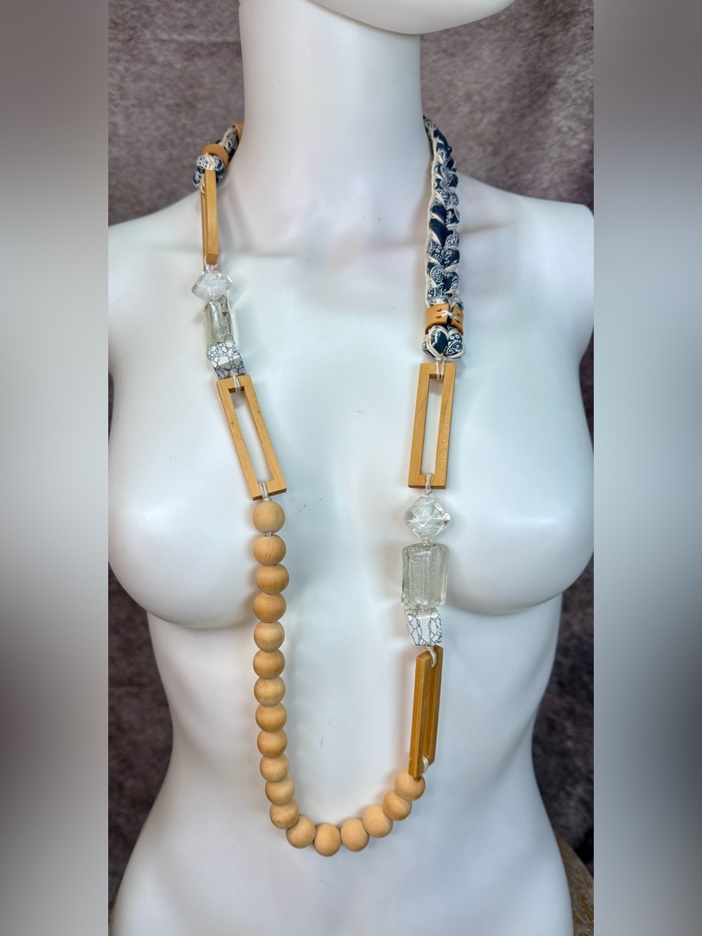 NWT Boho Natural Wood and Clear Bead Lariat Necklace